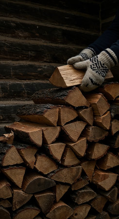 Close-up of hands in cozy patterned gloves handling a piece of wood, adding it to a rustic stack of chopped logs, highlighting winter preparation and natural energy.の素材