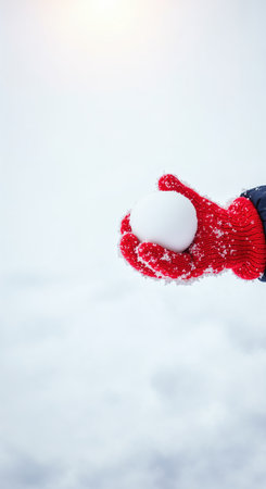 A close-up view of a person's hand, encased in a cozy red knitted mitten, presenting a perfectly formed white snowball dusted with fresh flakes on a bright winter day.の素材