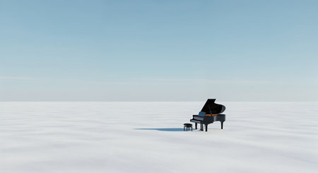 This striking composition features a polished black grand piano and stool positioned centrally on a boundless, textured white surface beneath a calm, open blue sky.の素材