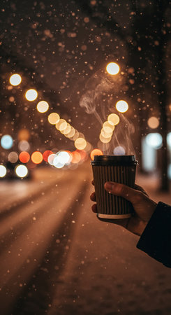 A close-up view of a hand clutching a hot beverage cup with steam rising, set against a blurred background of city lights and winter snowfall.の素材