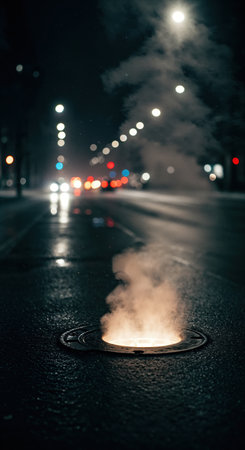 A low-angle view captures warm steam billowing from a manhole on a dark, wet city street at night, creating a moody atmosphere with distant bokeh lights.の素材