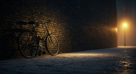 A low-angle view captures a classic dark bicycle parked on a damp, textured ground beside a weathered brick building, with warm light from a solitary street light glowing in the misty background.の素材