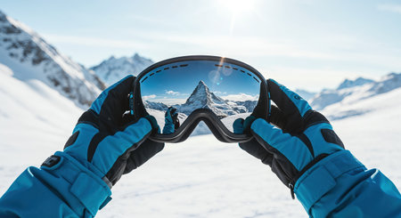 A first-person perspective shows hands in blue winter gear presenting ski goggles that reflect a stunning distant mountain against a bright blue sky on a clear, snowy day.の素材