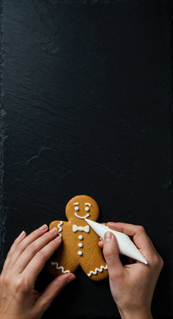 Overhead view of hands piping intricate white icing designs onto a cheerful gingerbread man biscuit, set against a textured black surface, symbolizing seasonal baking.の素材