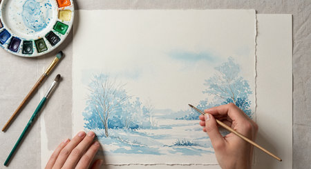An overhead perspective captures an artist's creative process, detailing hands applying blue and white watercolor paints to render a tranquil snowy forest scene, surrounded by art supplies.の素材