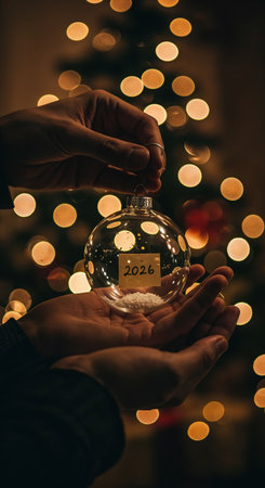 Cupped hands present a transparent holiday bauble with the year 2026 and white flakes inside, illuminated by soft golden bokeh from a decorated tree.の素材