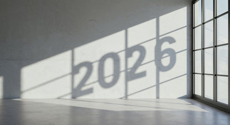 An empty modern interior space showcases a stark white concrete wall with a prominent shadow of the numbers 2026, created by light streaming through a tall gridded window.の素材