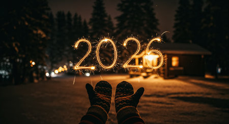 Festive sparklers held by gloved hands create the numbers 2026, casting a warm glow over a serene, snow-covered winter night featuring tall evergreen trees and a distant lit cabin.の素材