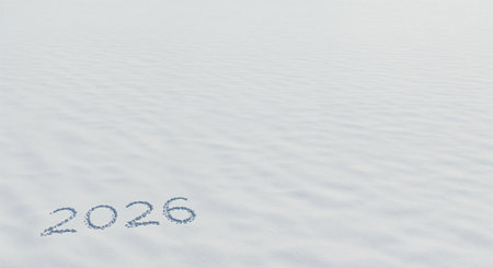 This expansive, textured white terrain, reminiscent of fresh snow or sand dunes, prominently displays the numerical year 2026, ideal for seasonal greetings or future concepts.の素材
