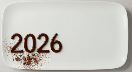 A top-down view captures the numbers 2026 crafted from rich, melted chocolate, resting on a smooth white dish with fine chocolate dust and irregular chunks creating a delicious border.の素材