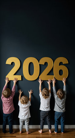 Young children stand on a wooden floor, hands extended upwards to grasp shiny golden 2026 numbers against a deep blue background, representing growth and anticipation.の素材
