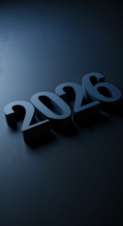 An impactful visual of the bold, three-dimensional numbers 2026, featuring a cool blue color palette and dynamic lighting that emphasizes their shape and casts long, dark shadows.の素材