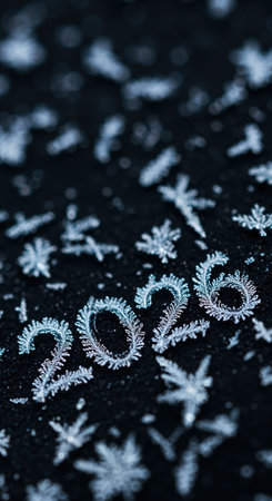 Macro view of intricate ice formations spelling out 2026 on a black background, featuring shimmering frost details, abstract frozen textures, and a chilly winter atmosphere.の素材