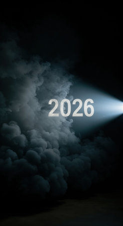 The numerical representation 2026 is brightly highlighted by a strong light beam piercing through swirling, dense gray smoke against a deep, dark backdrop.の素材