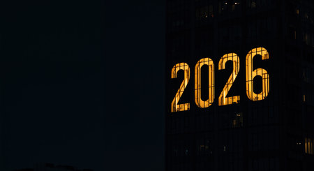 A contemporary skyscraper displays the year 2026 in luminous golden light against a deep black sky, emphasizing future concepts and urban development.の素材