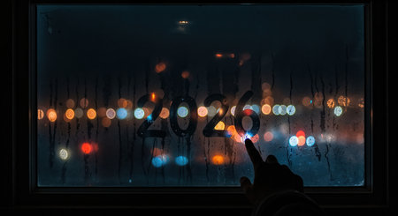 The year 2026 is drawn on a condensed window by a human hand, with a dark, atmospheric urban cityscape featuring numerous vibrant, out-of-focus lights in the background.の素材