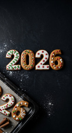 Overhead view of decorative '2026' gingerbread numbers adorned with holiday icing, resting on a textured black background with baking elements present.の素材