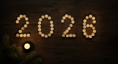 Numerous small lit tea light candles artistically form the numbers '2026' on a textured dark wood background, complemented by a sprig of green evergreen foliage and an extra glowing candle.の素材