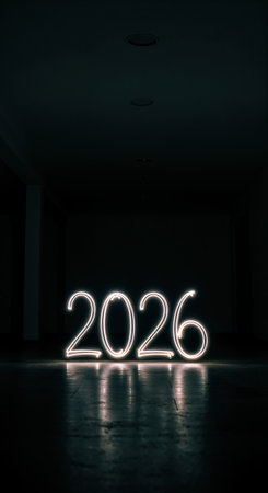 The bright, ethereal digits 2026 are formed by light painting, casting a vivid reflection on the polished surface of a dimly lit interior space, symbolizing the future or a specific year.の素材