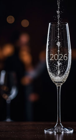 An elegant glass flute captures a stream of effervescent drink, highlighting the numbers 2026 as it fills, creating a festive atmosphere with soft background lights.の素材