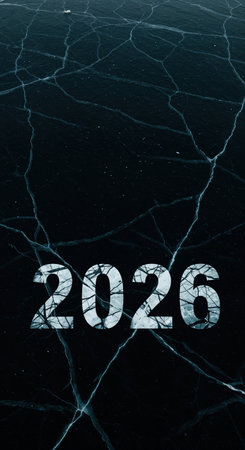 A deep blue and black frozen lake surface is adorned with a network of delicate, glowing ice cracks, prominently featuring the year 2026 integrated into the frosty texture.の素材