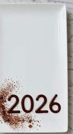 Dark chocolate numbers 2026 are artistically arranged on a clean white plate, accompanied by scattered cocoa powder and small chocolate pieces, set against a light marble background.の素材