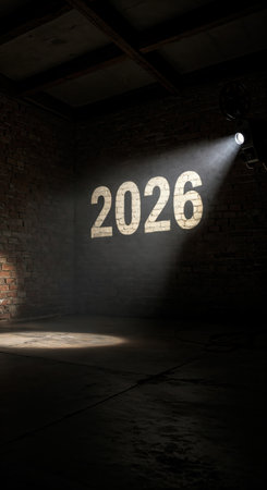 A powerful projector beam casts the year 2026 onto an old, rough brick wall, creating a dramatic effect in a shadowy interior with a concrete floor and dark ceiling.の素材