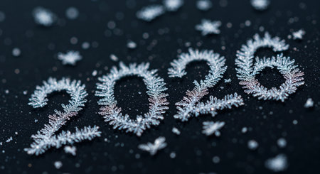 Intricate white and blue frost patterns spell out the numbers 2026, surrounded by scattered ice particles against a deep black background, creating a cold, festive, and elegant seasonal atmosphere.の素材