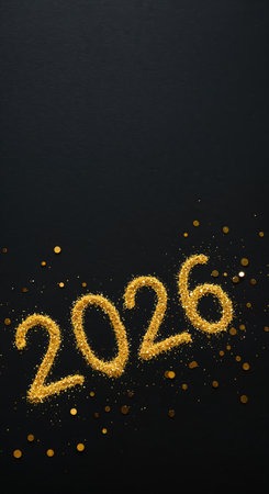 A top-down view showcases the year 2026 meticulously crafted from shimmering gold glitter, elegantly arranged on a deep black surface with additional sparkling confetti.の素材