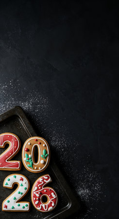 A top-down view captures beautifully iced gingerbread cookies spelling out 2026, featuring festive colors and patterns, presented on a dark metal tray with powdered sugar on a textured surface.の素材