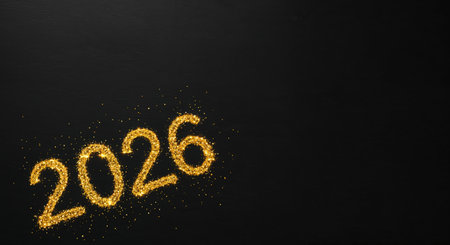 A sparkling golden glitter inscription of the year 2026 is displayed on a deep black textured surface, creating a celebratory and luxurious visual with generous negative space.の素材