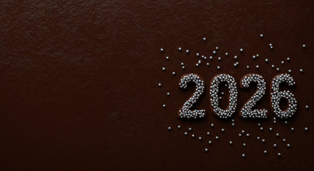 A festive top-down composition displays the number 2026, crafted from dark chocolate and generously covered with shimmering silver sprinkles, set against a rich textured brown background with space.の素材