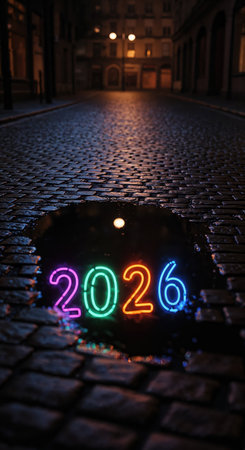 The year 2026 is displayed in bright neon colors reflecting in a street puddle, illuminating the wet cobblestones of a dark city street with distant blurred buildings.の素材