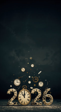 A surreal composition features the numbers 2026 constructed from vintage clockwork mechanisms, with numerous timepieces and gears dramatically scattering upwards into a somber, dark background.の素材