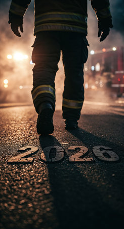 A person in protective gear walks forward over the numbers 2026 carved into a textured road surface, silhouetted against a smoky, orange-lit urban background.の素材