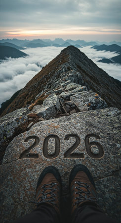 From a first-person perspective, sturdy hiking boots stand on a rugged mountain peak featuring the engraved year 2026, overlooking cloud-filled valleys and distant ranges under a dramatic sky.の素材