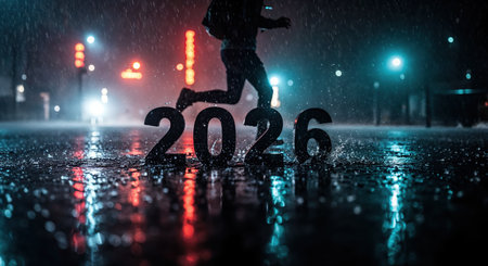 The numbers 2026 stand on a dark, rainy city street reflecting vibrant red and cyan lights, while a person's blurred figure moves quickly through the downpour, creating a dynamic and atmospheric.の素材