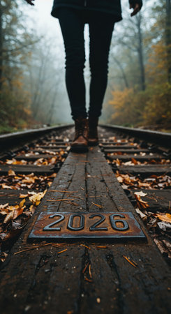 A low-angle view captures a person's legs and boots traversing old railway tracks covered with fallen leaves, leading towards a foggy forest, with the numeral 2026 marking the path ahead.の素材