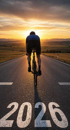 A low-angle view captures a person cycling on a straight road with the number 2026 painted on its surface, silhouetted against a dramatic golden sky at dusk over rolling hills.の素材