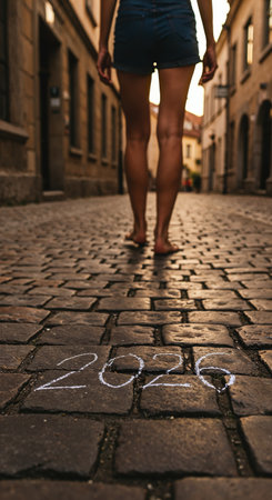 From a low angle, a lone figure in shorts walks into the warm evening light on a historic street where the number 2026 is marked on the rustic cobblestones.の素材