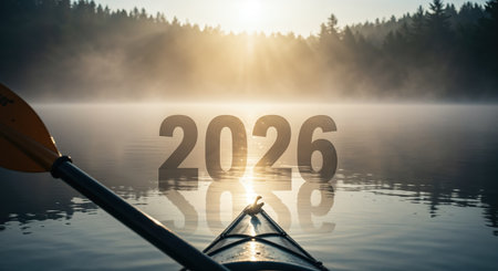 An adventurous low-angle scene showcasing a kayak paddle cutting across a calm, fog-covered lake as golden sun rays illuminate the forest and the year 2026.の素材