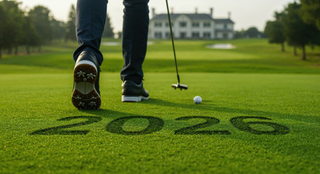 A dynamic low-angle perspective highlights a golfer's legs and spiked shoes walking on a vibrant green putting green, featuring the year 2026 etched into the turf, a golf ball, and a distant.の素材