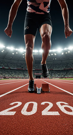 A dynamic low-angle perspective highlights a runner's powerful legs positioned at the starting line marked with 2026, ready to sprint in a brightly lit athletic stadium.の素材