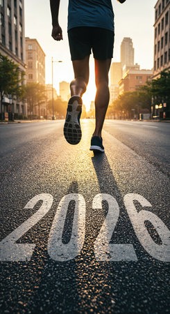 A lone runner's legs propel them forward on a city road, prominently featuring the year '2026' painted on the pavement, bathed in the warm, golden light of an early morning or late afternoon.の素材