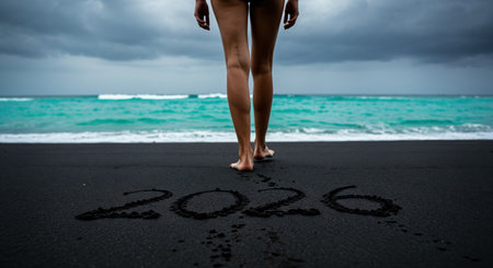 Bare legs and feet are seen from behind, stepping onto a black sand beach where the number 2026 is written, approaching the vibrant blue-green sea under a stormy gray sky.の素材