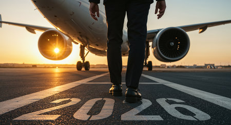 A low-angle view from behind a professional walking on an airfield, approaching a commercial aircraft under a dramatic golden hour sky reflecting off the ground.の素材