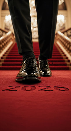 The polished black shoes of an individual in formal attire are seen from a low perspective, stepping onto a red carpet with '2026' inscribed, leading up a lavish staircase under warm chandelier light.の素材
