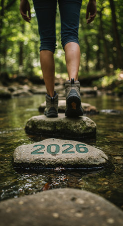 Low-angle view of a hiker's legs in boots navigating a rocky stream in a vibrant green forest, highlighting a stone engraved with the significant year 2026.の素材