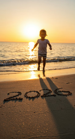 A low-angle perspective captures a happy toddler running on a serene beach during a vibrant sunset, with the year 2026 clearly etched into the foreground sand.の素材