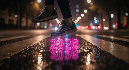Low-angle view of athletic footwear hovering over a vibrant pink neon 2026 sign shimmering in a rain puddle on a dark urban road illuminatedの素材